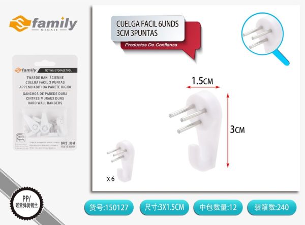 Cuelga fácil 6UND 3CM 3 puntas - Artículos de colgar