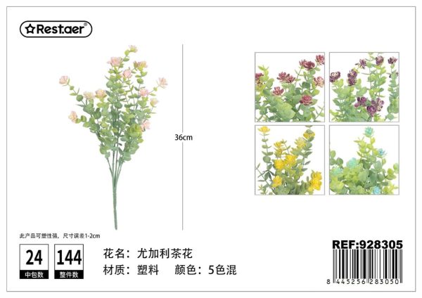 Flores artificiales cortas (5 ramas de eucalipto y camelia) para decoración