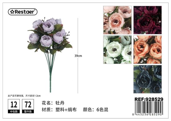 Flores artificiales de peonía mediana 39cm 10 ramas para decoración