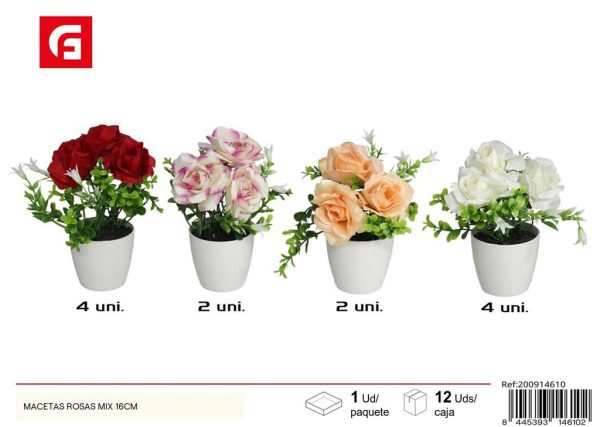 Macetas de rosas mixtas de 16 cm - Plantas artificiales y decoración del hogar