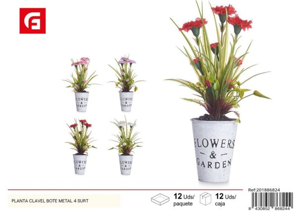 Planta clavel en bote de metal 4 surtidas - Plantas artificiales y decoración del hogar