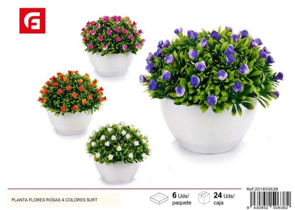 Planta de flores rosas 4 colores surtidas - Plantas artificiales y decoración del hogar