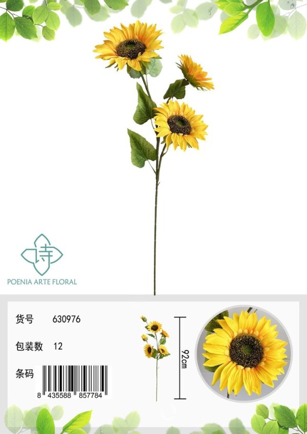 Ramo de flores artificiales - 3 cabezas de girasol en tallo largo 90 cm
