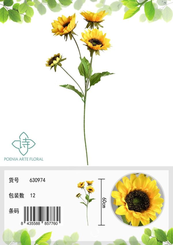 Ramo de flores artificiales - 4 cabezas de girasol en tallo largo 60 cm
