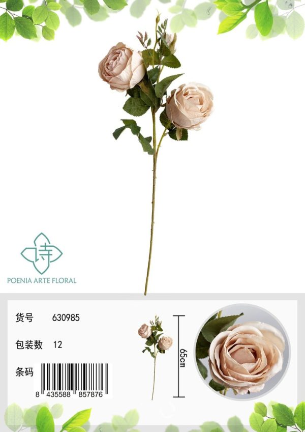 Ramo de flores artificiales - Rosa de la reina retro de 3 cabezas 63 cm
