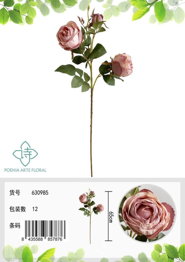 Ramo de flores artificiales - Rosa de la reina retro de 3 cabezas 63 cm - Imagen 2