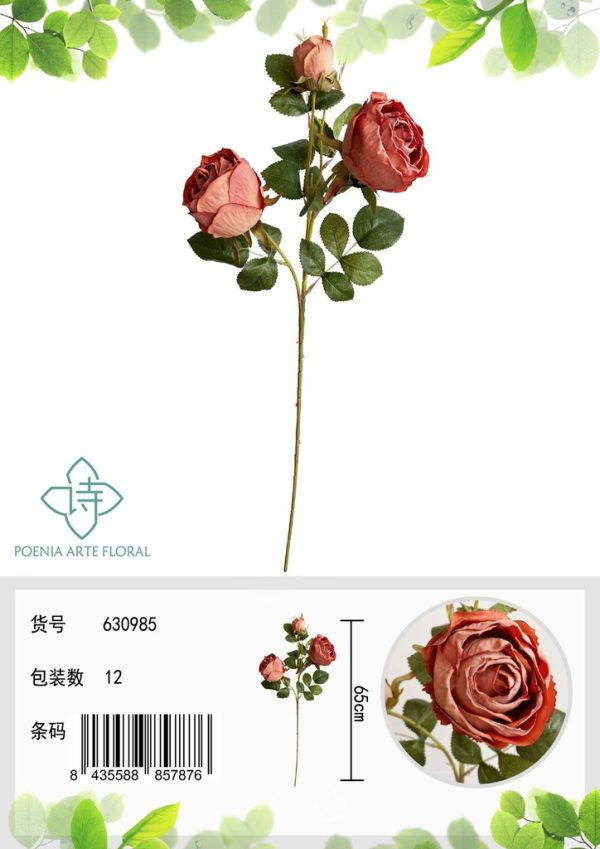 Ramo de flores artificiales - Rosa de la reina retro de 3 cabezas 63 cm - Imagen 3