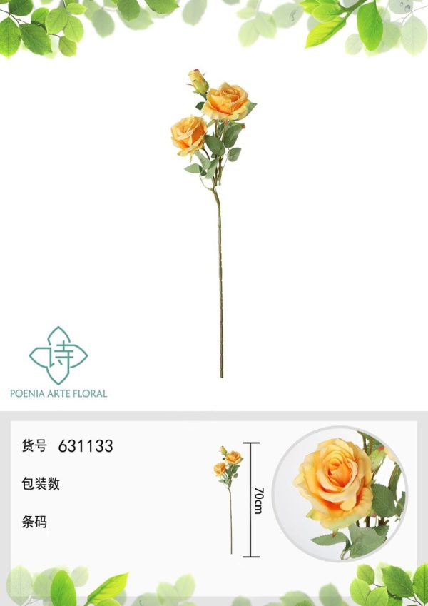 Ramo de flores artificiales - Rosa en 3 cabezas 70 cm en amarillo