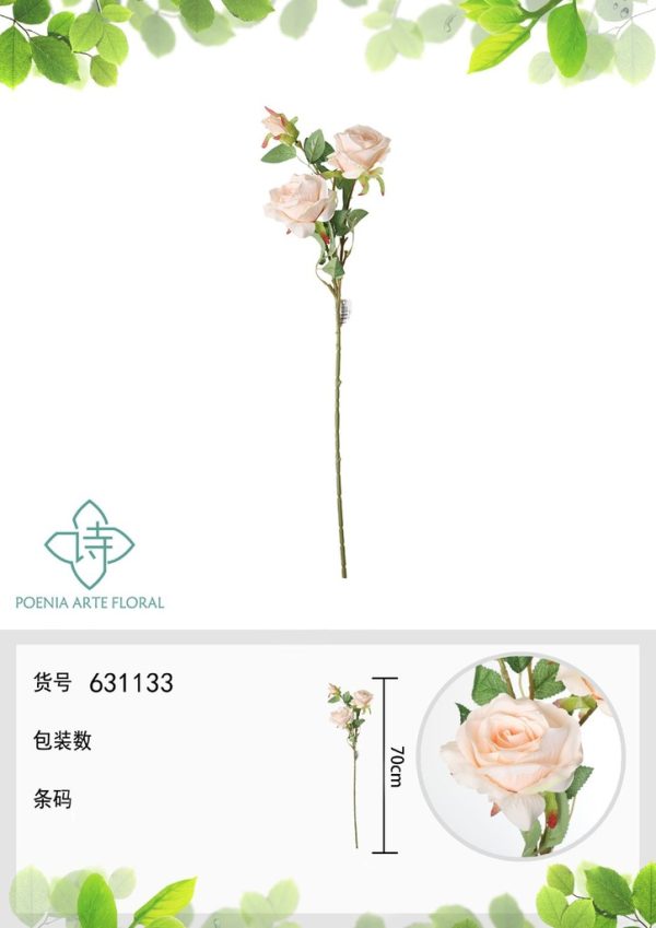 Ramo de flores artificiales - Rosa en 3 cabezas 70 cm en champán
