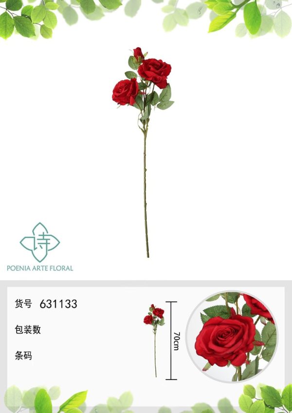 Ramo de flores artificiales - Rosa en 3 cabezas 70 cm en rojo
