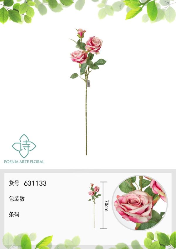 Ramo de flores artificiales - Rosa en 3 cabezas 70 cm en rosa oscuro
