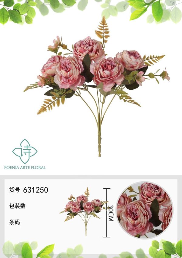 Ramo de flores artificiales con bordes quemados de peonía occidental de 30 cm - Decoración floral - Imagen 2