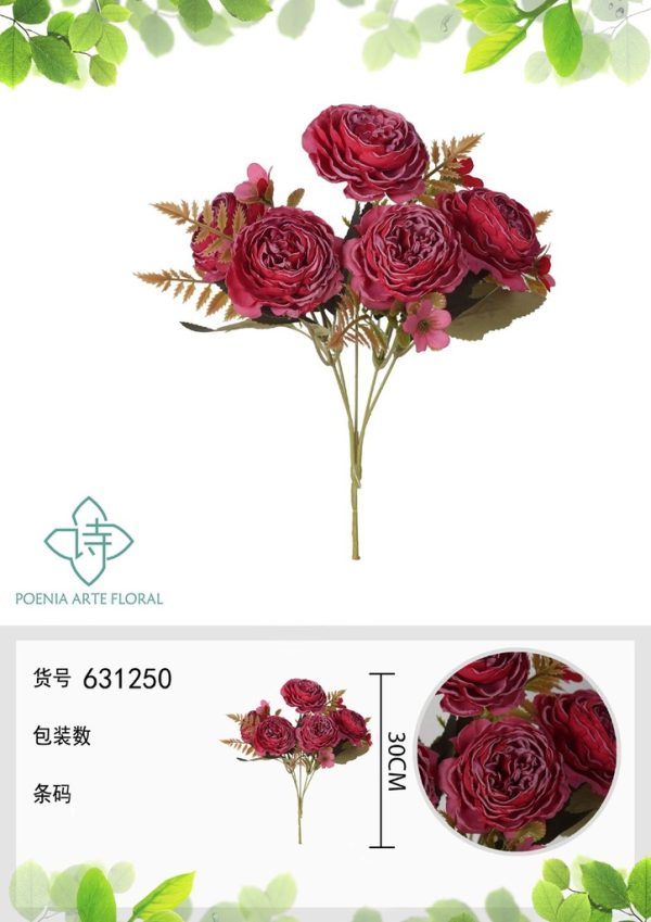 Ramo de flores artificiales con bordes quemados de peonía occidental de 30 cm - Decoración floral - Imagen 4