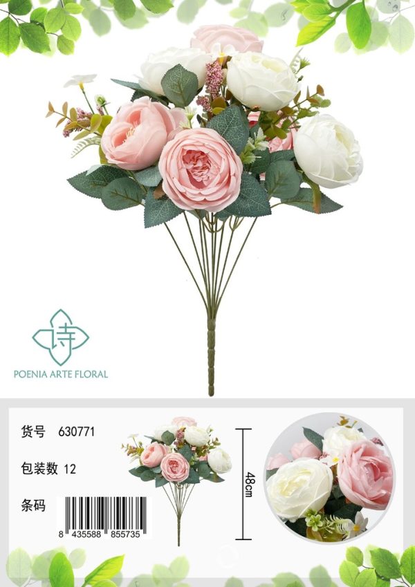 Ramo de flores artificiales de rosa 9 cabezas - Decoración floral - Imagen 2