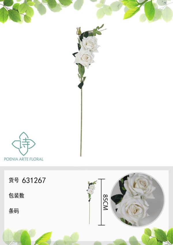Ramo de flores artificiales de rosa china de 85 cm con 3 flores - Decoración floral - Imagen 2
