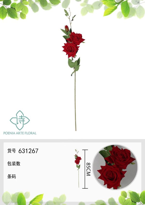 Ramo de flores artificiales de rosa china de 85 cm con 3 flores - Decoración floral - Imagen 3