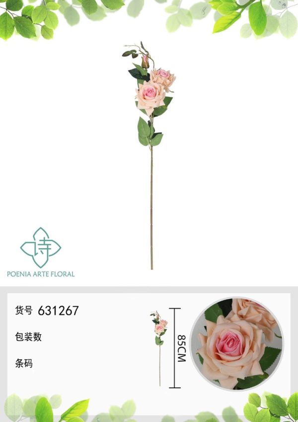 Ramo de flores artificiales de rosa china de 85 cm con 3 flores - Decoración floral - Imagen 4