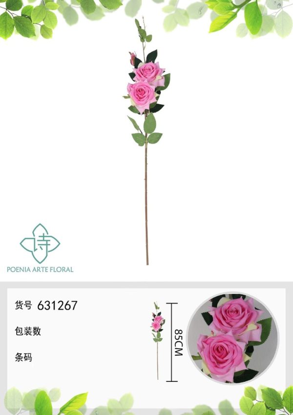 Ramo de flores artificiales de rosa china de 85 cm con 3 flores - Decoración floral - Imagen 5