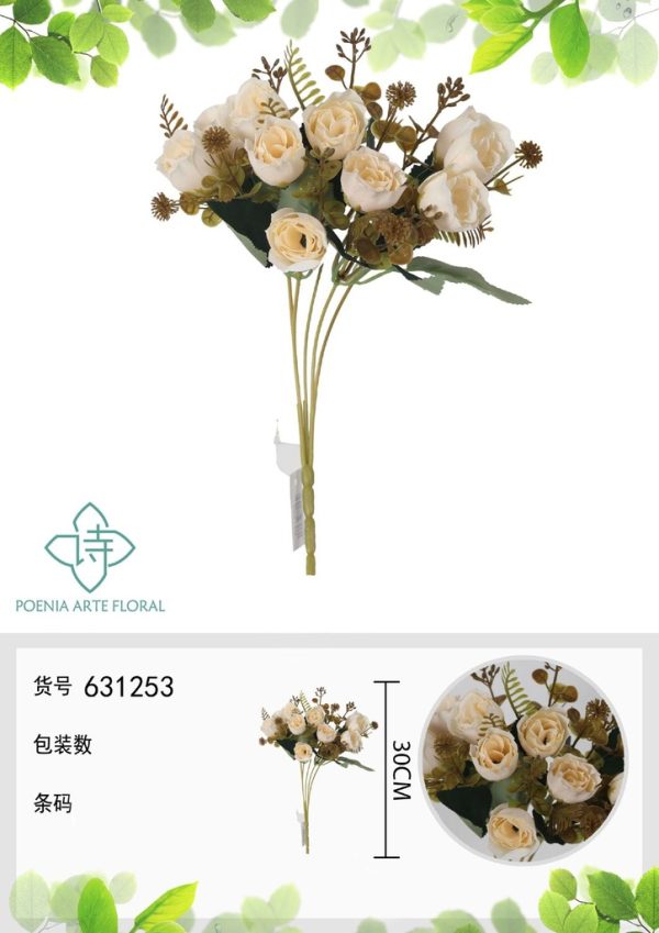 Ramo de flores artificiales de rosa de otoño nueva de 30 cm - Decoración floral - Imagen 3