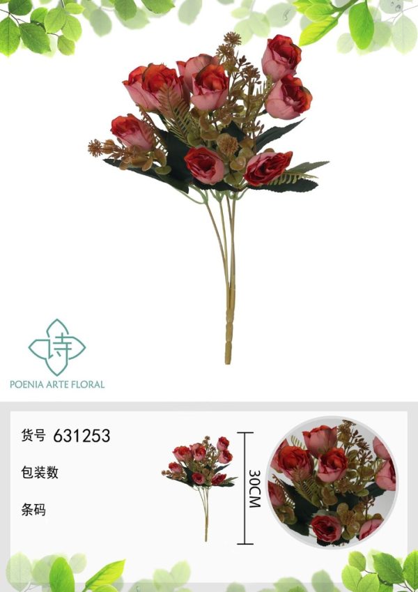 Ramo de flores artificiales de rosa de otoño nueva de 30 cm - Decoración floral - Imagen 4
