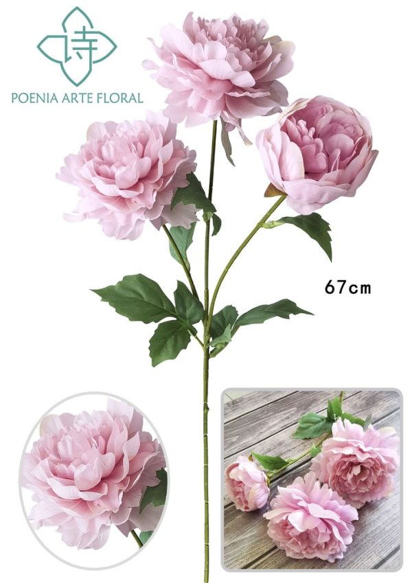 Ramo de peonías artificiales 3 cabezas 70 cm - Flores artificiales decorativas