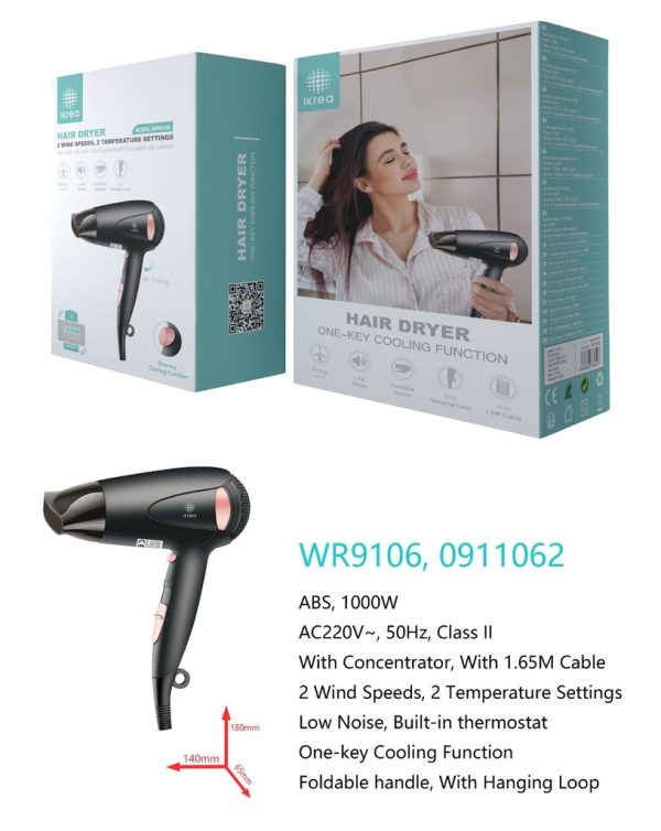 Secador de pelo plegable 2 velocidades/2 temperaturas 1000W negro IKREA WR9106 - Secadores de pelo