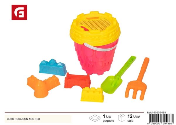 Cubo de playa rosa con accesorios en red - Fun y juegos de arena