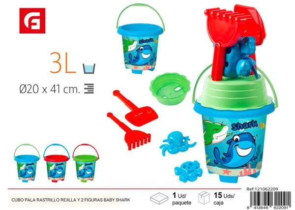 Cubo playa con pala, rastrillo, rejilla y 2 figuras Baby Shark - Juegos para la playa