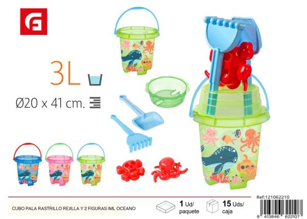 Cubo playa con pala, rastrillo, rejilla y 2 figuras IML océano - Juguetes de verano