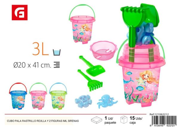 Cubo playa con pala, rastrillo, rejilla y 2 figuras IML sirenas - Juguetes de verano