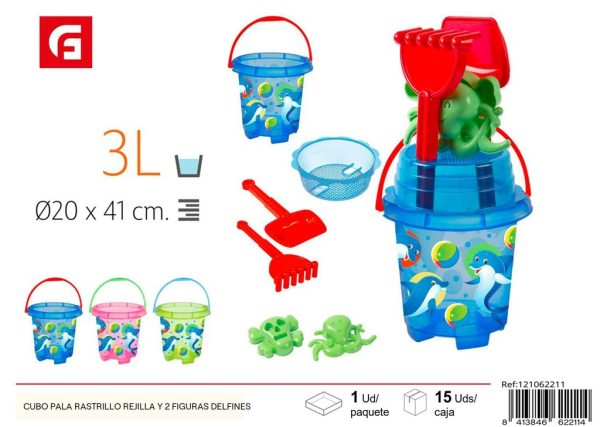 Cubo playa con pala, rastrillo, rejilla y 2 figuras delfines - Diversión en la playa