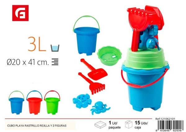 Cubo playa con rastrillo, rejilla y 2 figuras - Juguetes y diversión