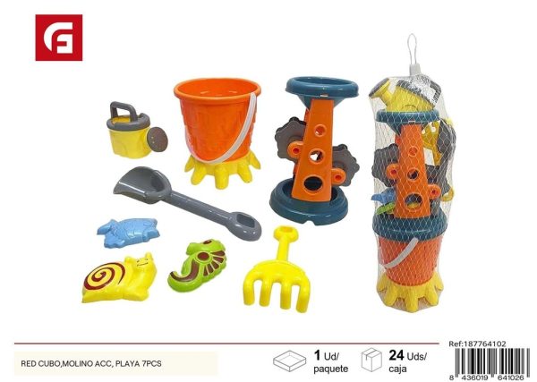 Juego de playa - Red cubo con molino, 7 piezas - Diversión en la arena