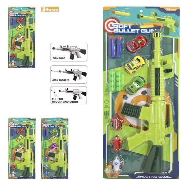 Juguete pistola EVA con bolas, coches y avión - Pistola de fricción