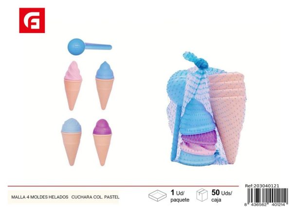 Malla de comida 4 moldes de helados + cuchara color pastel - Juguetes de verano