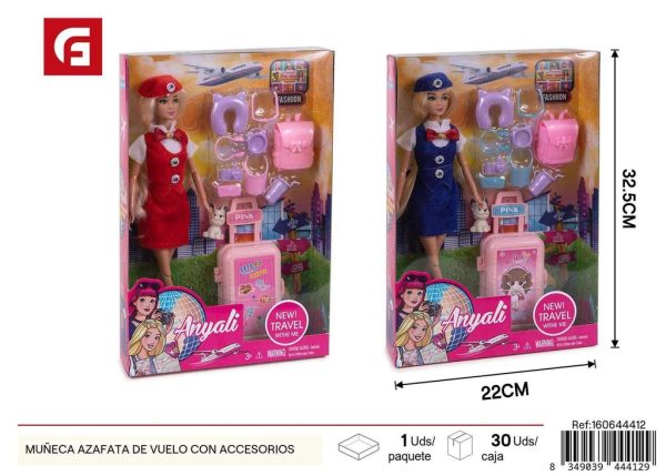 Muneca azafata de vuelo con accesorios - Muñecas y juguetes