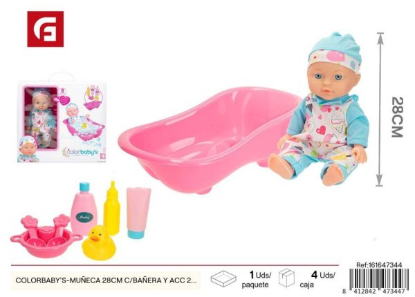 Muñeca de 28 cm con bañera y accesorios - Juguete educativo para juegos de rol