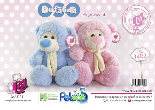 Oso con bufanda rosa y azul 30 cm - Juguetes de peluche
