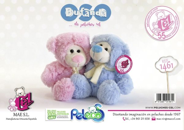 Oso de peluche con bufanda rosa y azul 20 cm