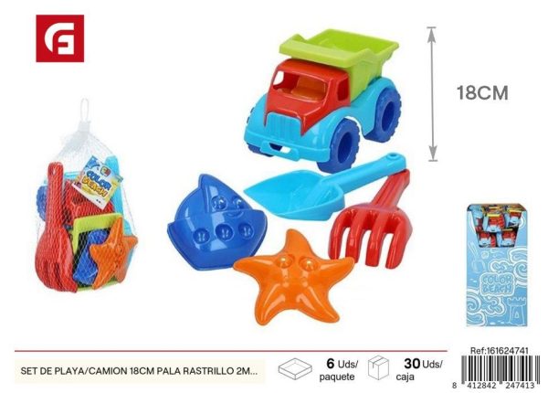 Set de juguetes de playa camión 18 cm pala + rastrillo + 2 moldes - Juguetes de verano