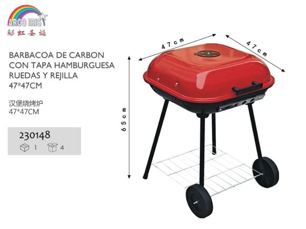Barbacoa de carbón con tapa, ruedas y rejilla 47*47cm para hamburguesas y parrilladas