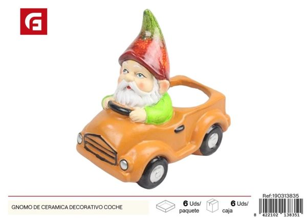 Gnomo de cerámica decorativo en forma de coche - Adornos para jardín