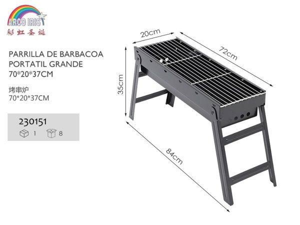 Parrilla de barbacoa portátil grande 70x20x37cm para jardín