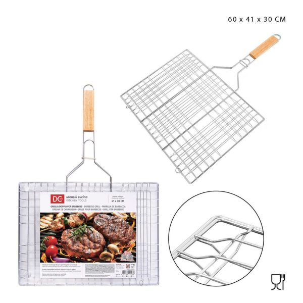 Parrilla doble barbacoa con mango de madera 60x41x30 cm - Accesorios para asar