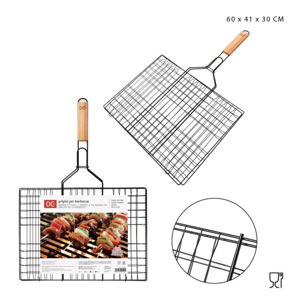 Parrilla negra para barbacoa con mango de madera 60X41CM - Accesorios de barbacoa