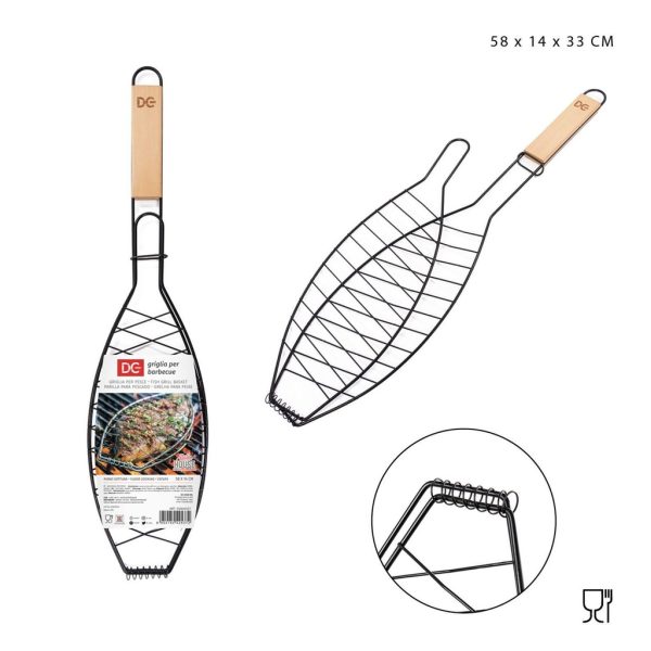 Parrilla negra para pescado con mango de madera 58x14cm para barbacoa