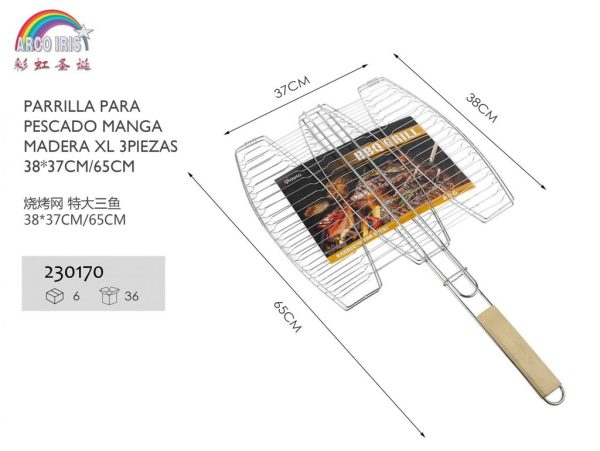 Parrilla para pescado con mango de madera XL 38x37cm 3 piezas para barbacoa