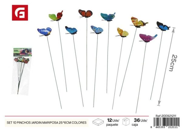 Set de 10 pinchos jardín mariposa 25x6 cm colores - Adornos para jardín