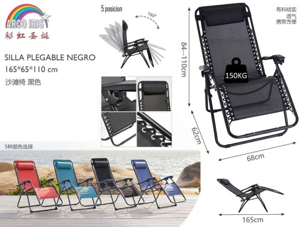 Silla plegable negra 165x65x110 cm - Muebles de jardín y tumbonas