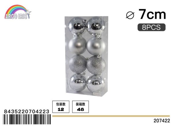 Bola colgante de 7 cm en plata, set de 8 piezas